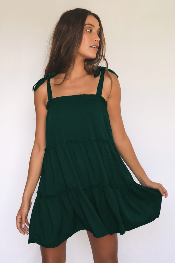 Hunter Green Mini Dress - Trendy Tiered ...